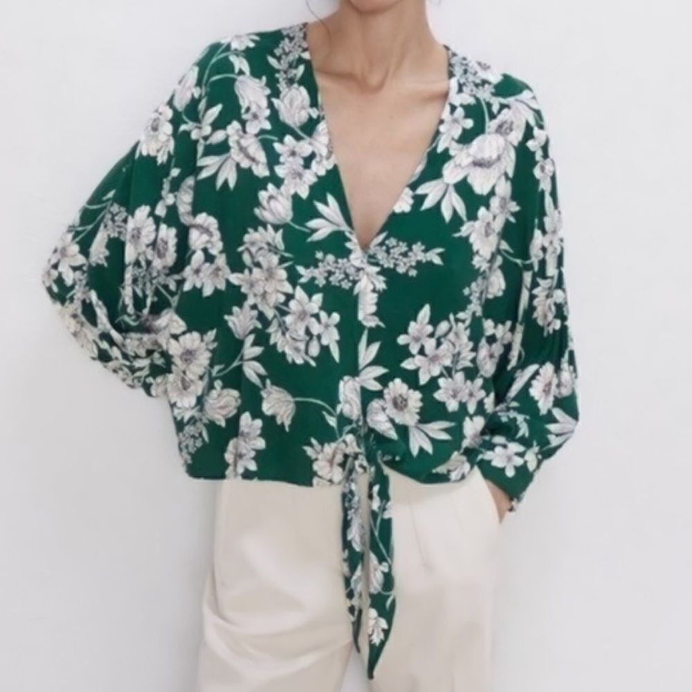 Zara Green White Floral Tie Blouse Top Women’s XS